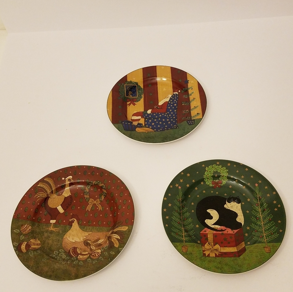 Set of 3 Warren Kimble Holiday Plates Cat Chicken Santa Oneida Sakura